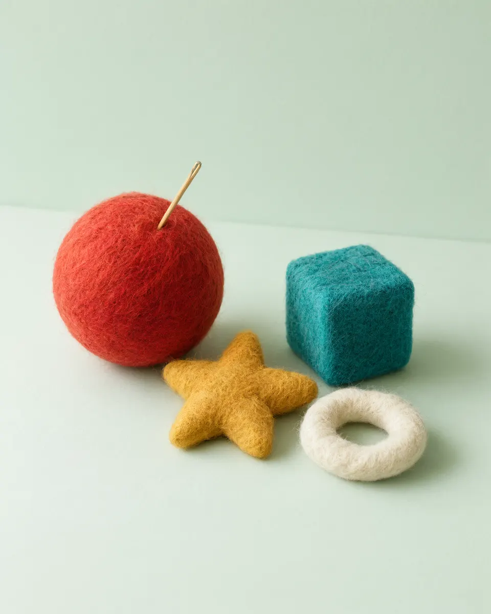 Hand-felted wool shapes: a red ball with a needle, a yellow star, a teal cube and a cream ring